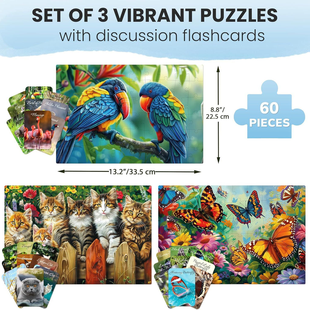 60 Pieces Dementia Puzzles for Elderly - 3SET Large Piece Puzzles for Seniors - 9 Memory Flashcards with Facts I 25 Discussion Prompts per Puzzle - Alzheimer's Activities Products for Elderly