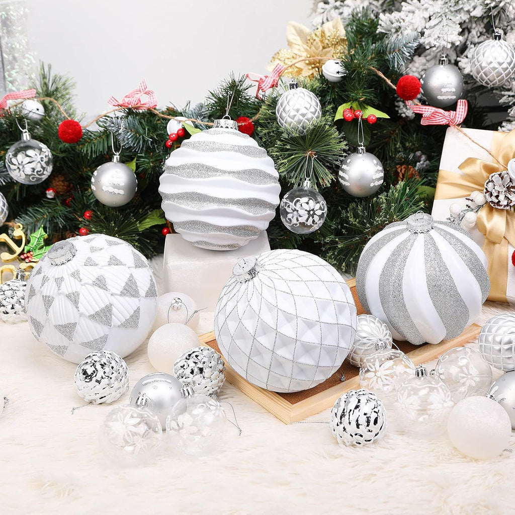 6''/150mm Large Christmas Ball Ornaments, 4Pcs Christmas Tree Decor, Shatterproof Hanging Decorations with Hooks, White & Silver Baubles for Xmas Tree, Wedding, Holiday and Party Decor