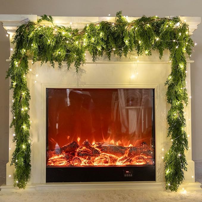 6FT PARTY JOY Seasonal Artificial Christmas Garland with LED String Lights Pine Needle Cypress Garland for Holiday Winter Indoor Outdoor Decor
