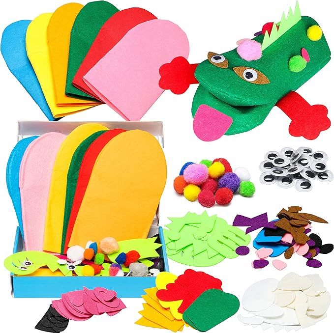 6Pcs Hand Puppet Making Kit, Art Craft Felt Sock Puppet Toys, Creative DIY Make Your Own Pompoms Wiggle Googly Eyes Storytelling Role Play Party Supplies Gift for Girls Boys (Animals)