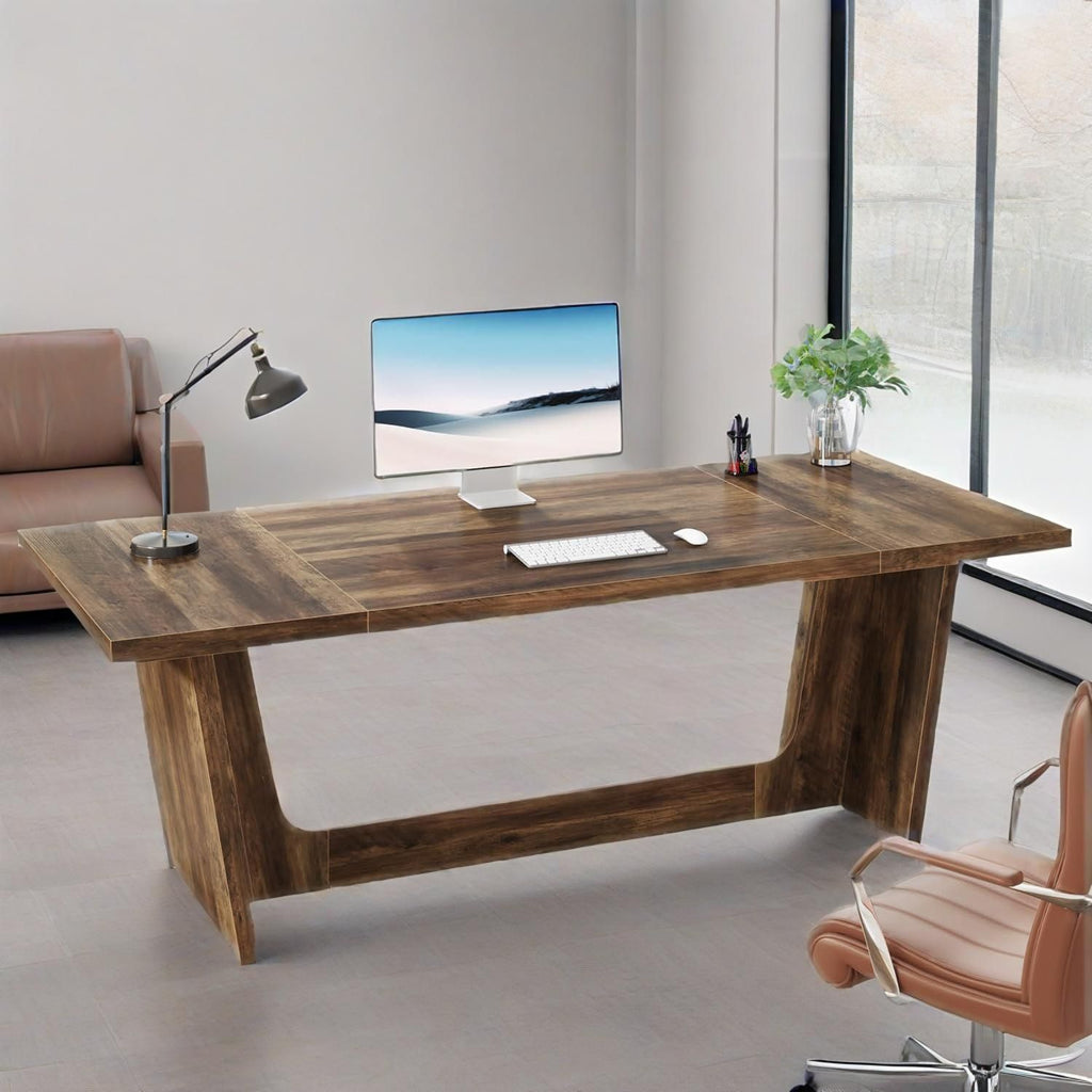 70.87-Inch Executive Computer Desk: Large Home Office Desk with Solid Wooden Pedestal, Industrial Wood Study Writing Table