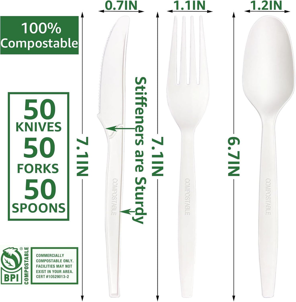 7In 200Pcs 100% Compostable Forks and Spoons Utensils Cutlery Silverware Heavyduty Eco-friendly Disposable Plastic free Forks and Spoons Utensils Cutlery Silverware for Party BBQ Lounge