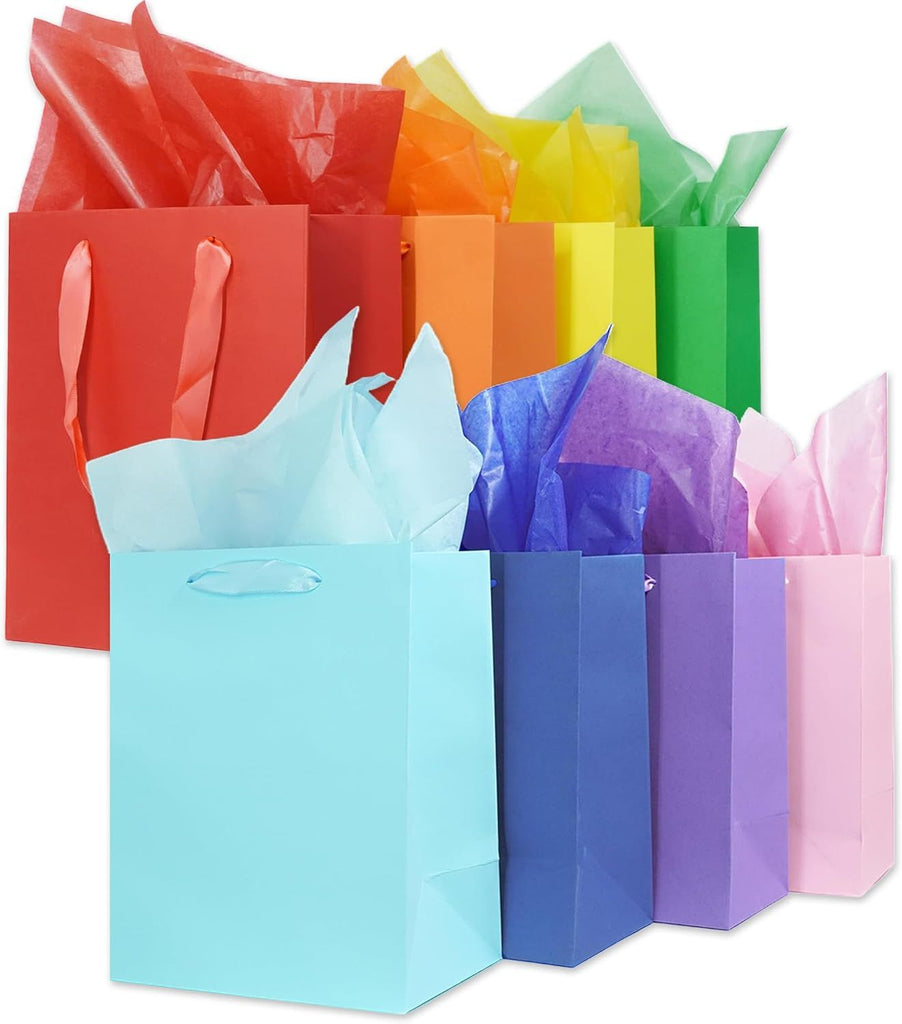 8 Pcs Medium Gift Bags With Handles: 8 Colors 8x5x10 Inch Rainbow Gift Bag Matte Party Favor Bags With 16 Tissues For Wedding, Birthday, Party Supplies and Gifts