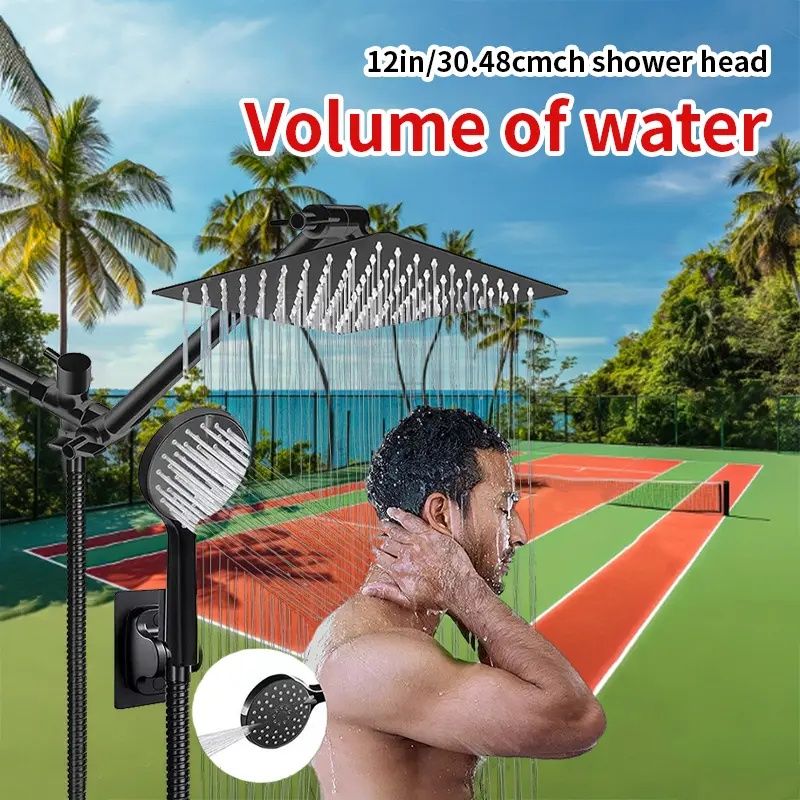 8"/10"Shower head combination, 8"/10" square top spray shower kit, triple function handheld shower head, stainless steel adjustable Angle extension arm, low water pressure resistant, with long hose sh