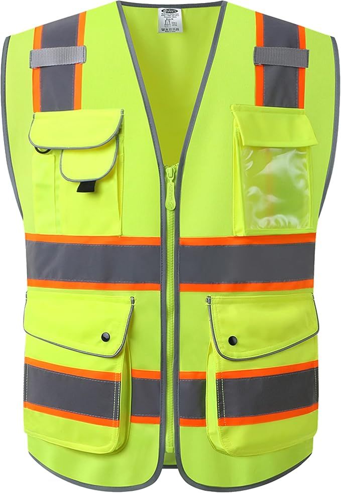 9 Pockets Hi-Vis Neon Yellow Color Zipper Front Safety Vest with Fluorescent Orange Extend Edge outlining the Reflective Tapes Meet ANSI/ISEA Class 2 Standard (901-Yellow, Large)