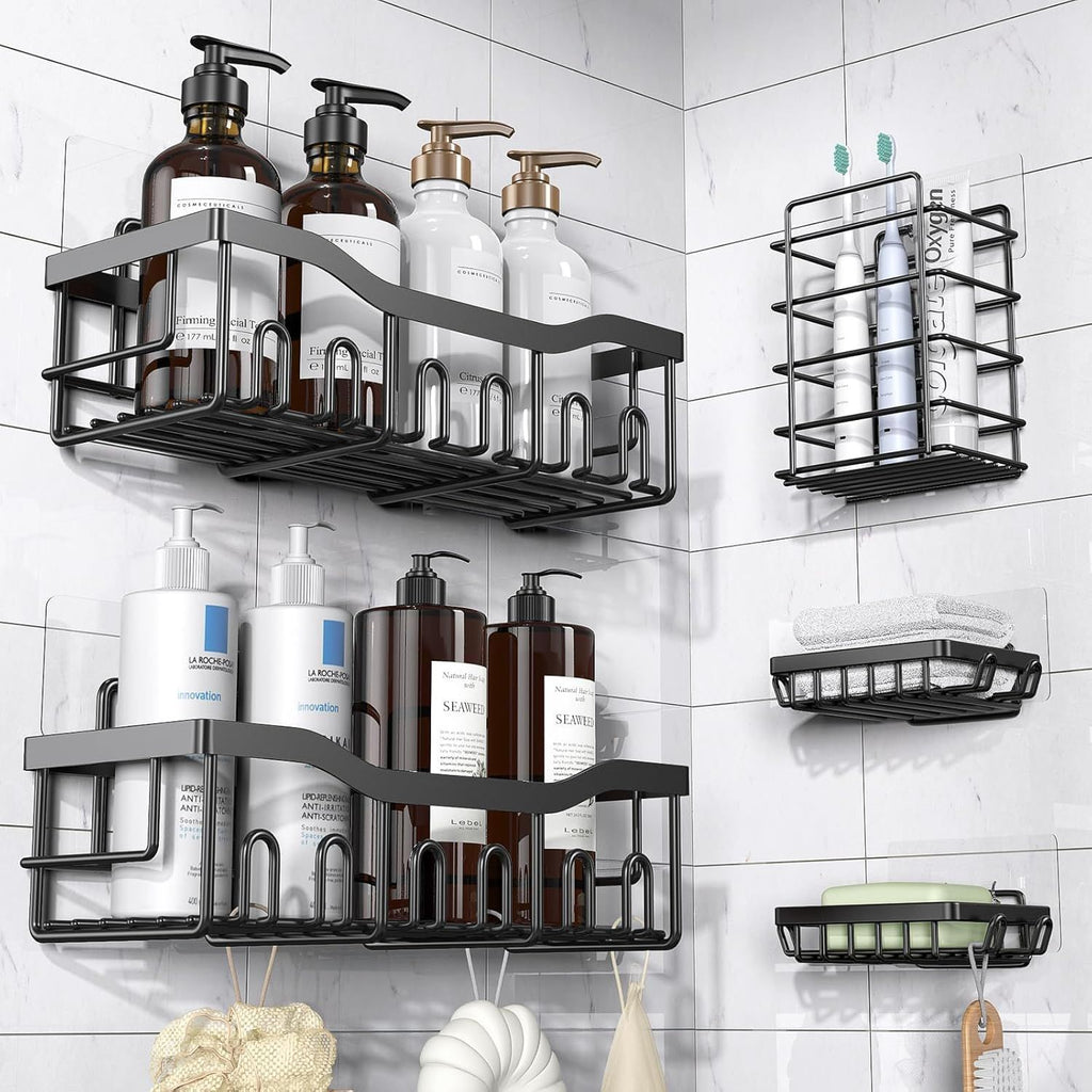Adhesive Shower Caddy, 5 Pack Rustproof Stainless Steel Bath Organizers With Large Capacity, No Drilling Shelves for Bathroom Storage & Home Decor-XL Size