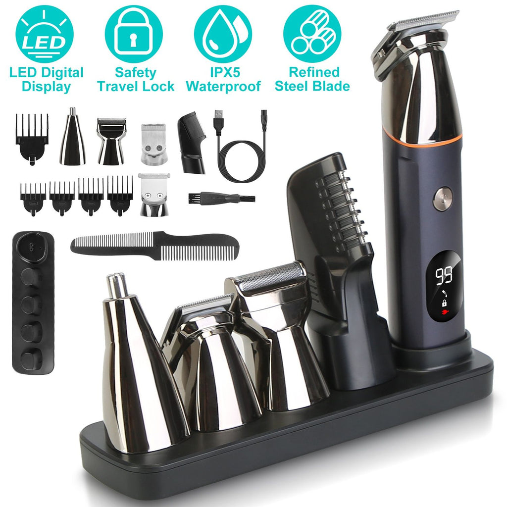 All In One Beard Trimmer for Men With 5 Trimmer Heads IPX5 Waterproof Electric Razor For Face Nose Body Beard Cordless Hair Shaver Clipper Grooming Kit For Men Husband Father