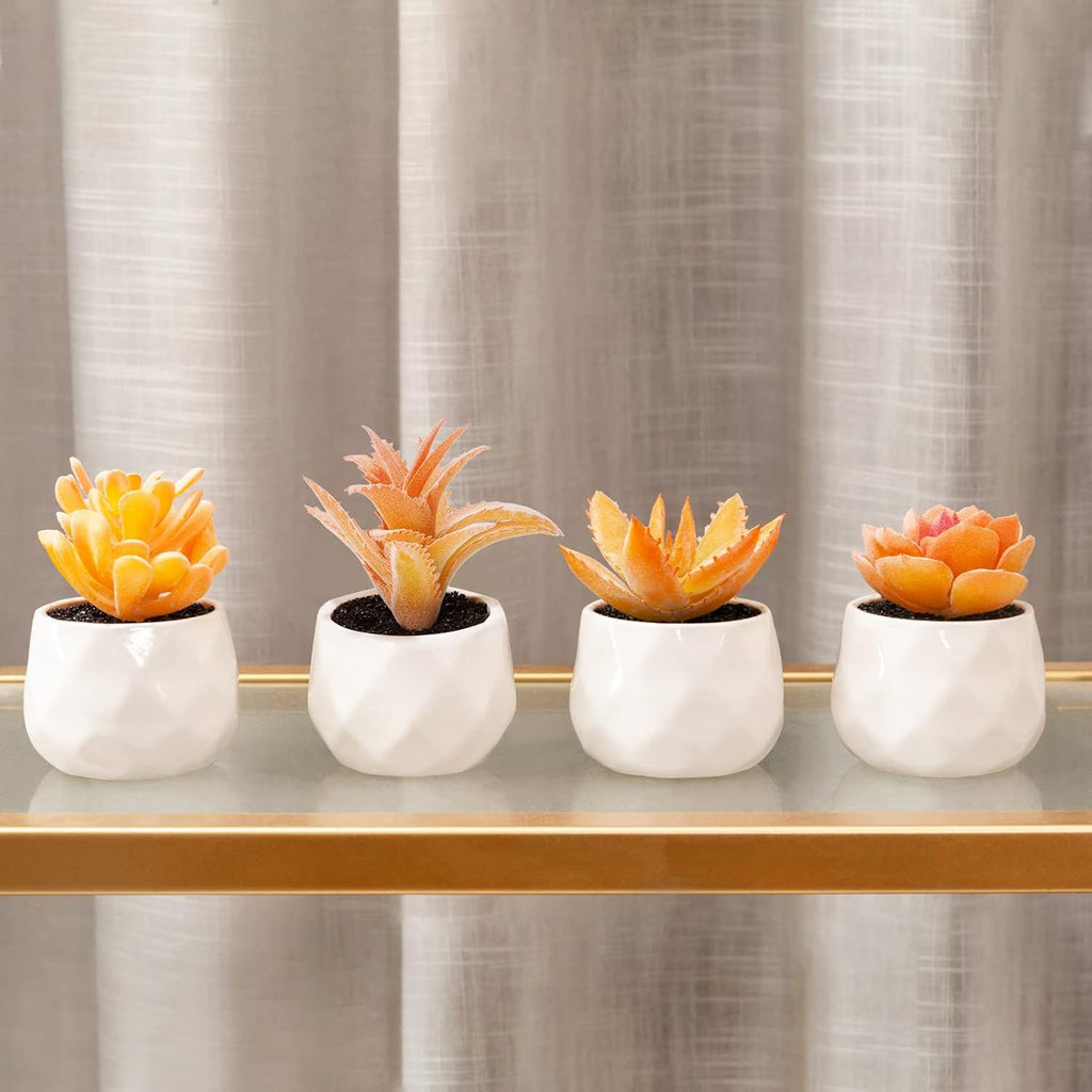 Artificial Faux Succulents in Pots, Orange Fake Plants for Women Desk, Small Realistic Faux Succulents for Home Office Accessories Window Sill Bathroom Bedroom 4 Set, Orange