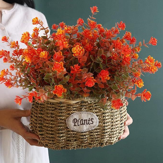 Artificial Outdoor Flowers UV Resistant Fake Plastic Plants No Fade Faux Fall Flowers for Hanging Planter Garden Porch Patio Window Box Wedding Thanksgiving Halloween Decor, Fall Orange