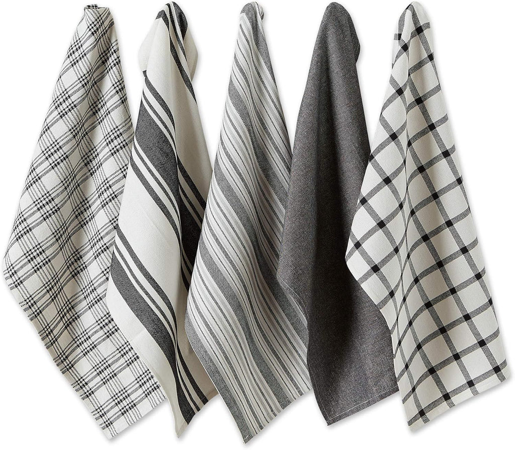 Assorted Woven, Kitchen Dishtowel Set, 18x28, Black, 5