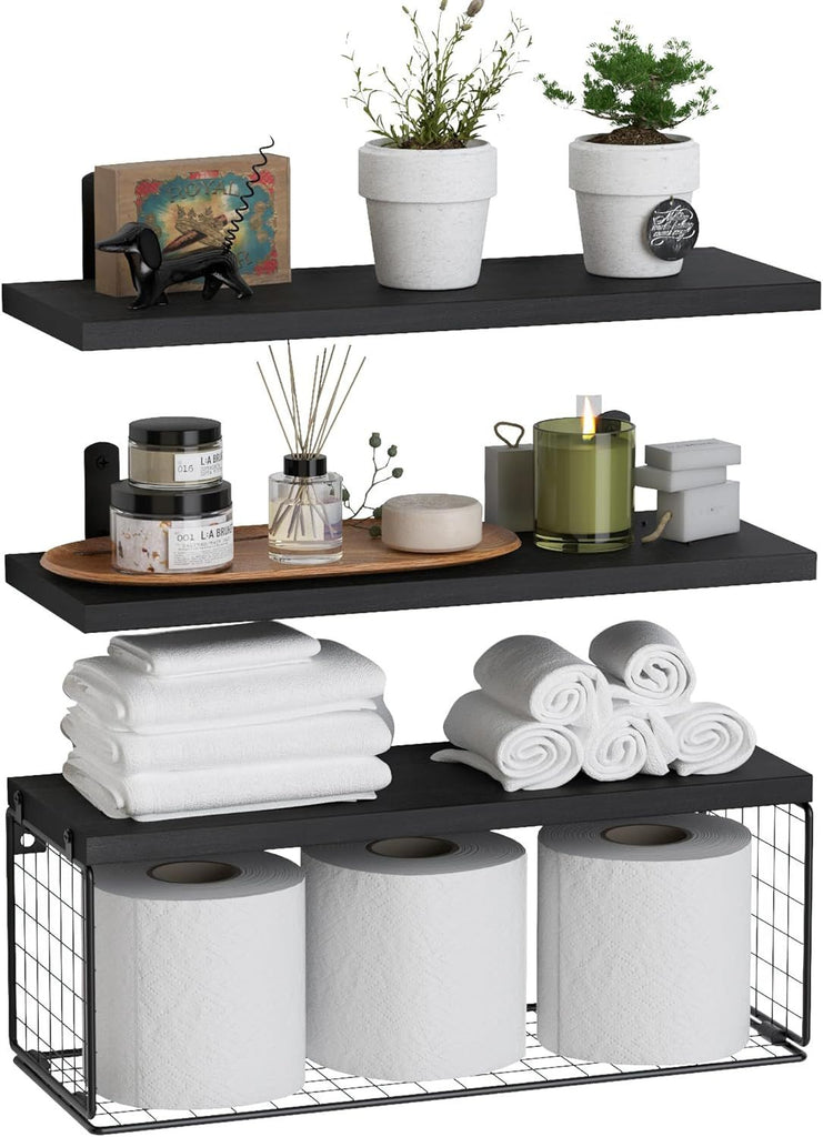 Bathroom Shelf Over Toilet, Floating Bathroom Shelf Wall Mounted with Wire Basket, Floating Shelf for Wall Décor