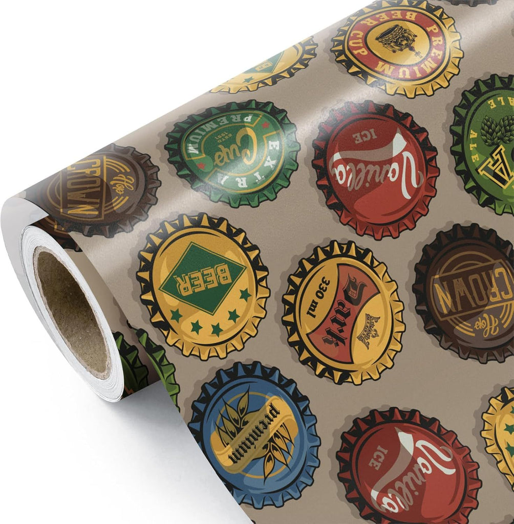 Beer Wrapping Paper Roll - Mini Roll - 17 Inch x 16.5 Feet - Vintage Beer Bottle Caps with Different Inscriptions Design, Perfect for Men Birthday, Father's Day, Beer Party