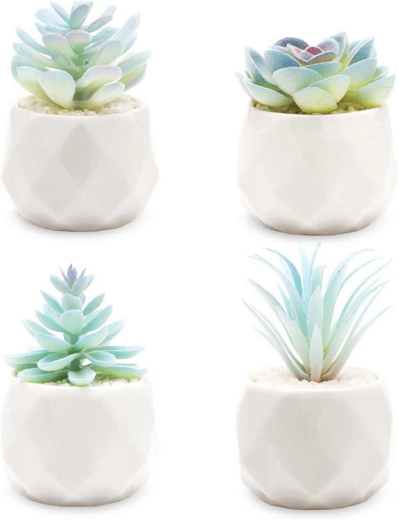 Blue Artificial Succulent in Pots (White Ceramic, 4 Pot Set) Fake Plants for Indoors, Office Decor Blue Christmas for Women, Office Home Decor Gifts-Faux Plant