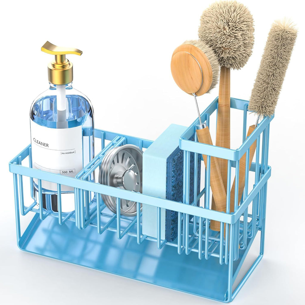 Blue Kitchen Sink Caddy Organzier with High Brush Holder, Sponge Holder for Sink, 304 Rustproof Stainless, Kitchen Countertop Soap Dispenser Organizer, Blue Home Decor and Accessories