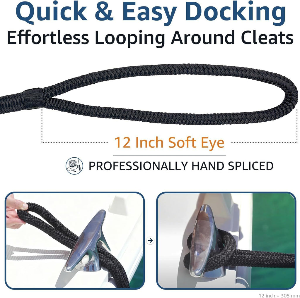Boat Dock Lines 2 Pack 3/8" x 25' Double Braided Nylon Boat Ropes for Docking with 12" Loop, Marine Grade High Strength Boat Lines, Premium Marine Rope Mooring Lines, Easy Handling, Black