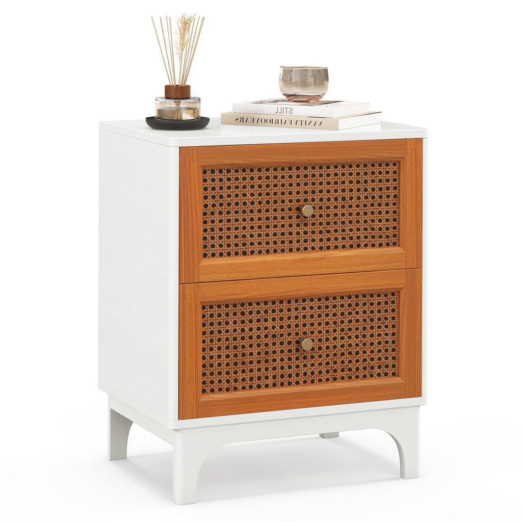 Boho Accent Table Nightstand with 2 Handwoven Rattan Decorated Drawers