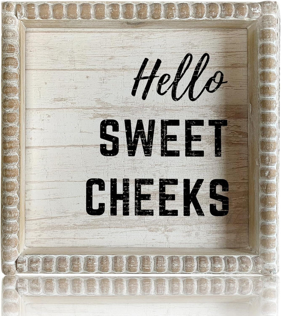 Boho Farmhouse Wooden Framed Bathroom Decor Signs, Funny Restroom Decorative Plaque Small Cute, Toilet Rules Shelf Decoration (Hello Sweet Cheeks)