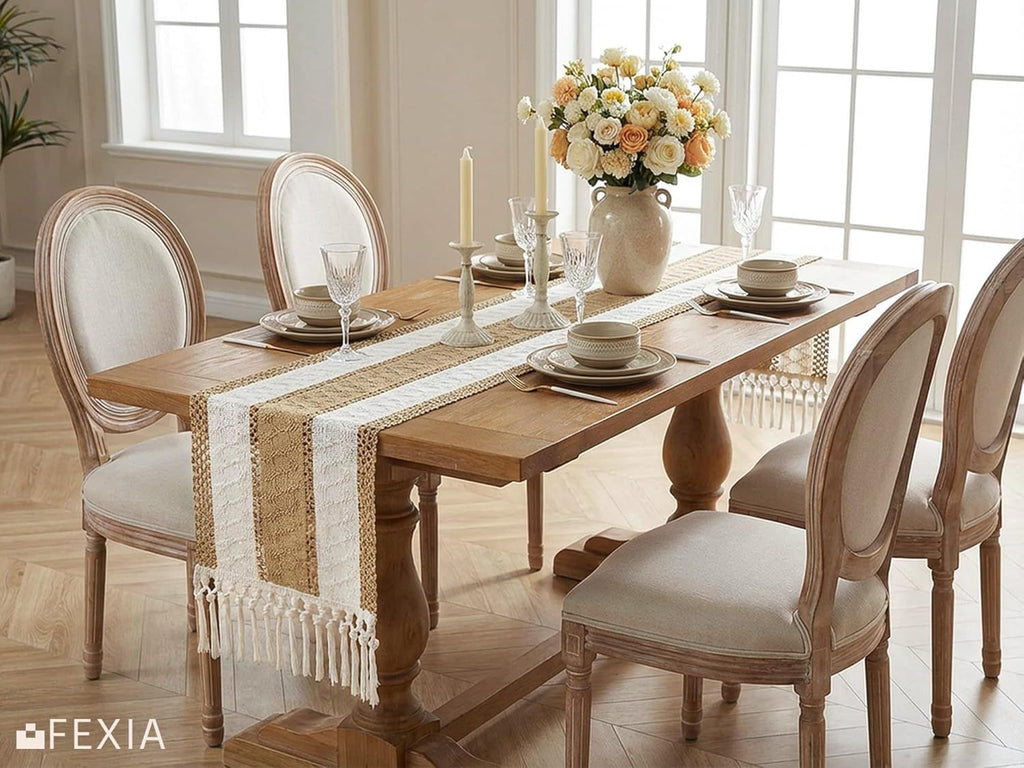 Boho Table Runner with Tassels for Home Decor Farmhouse Rustic Table Runner Macrame Burlap Woven Dinning Decoration for Living Room Bridal Shower Independence Day Decorations(12x72 Inches)