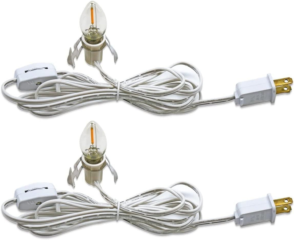 C7 Accessory Cord with 2 C7 Led Light Bulb Candelabra-Base E12 Socket, White Cord with On/Off Switch Plugs for Holiday Decorations, Christmas Village House, Pumpkin Lights