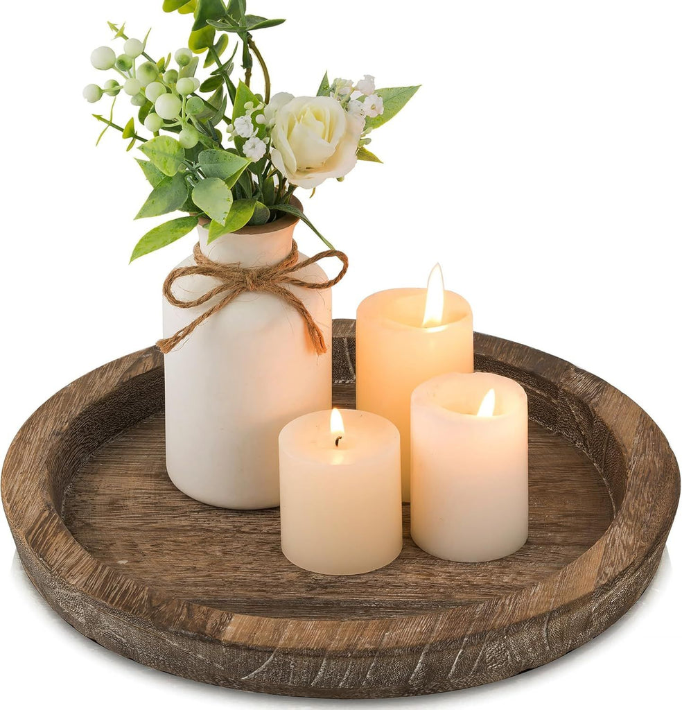 Candle Plate Holder Tray: Round Wood Decorative Candle Plate Decor Farmhouse Table Centerpiece Rustic Wood Tealight Pillar Trays for Wedding Home Decor