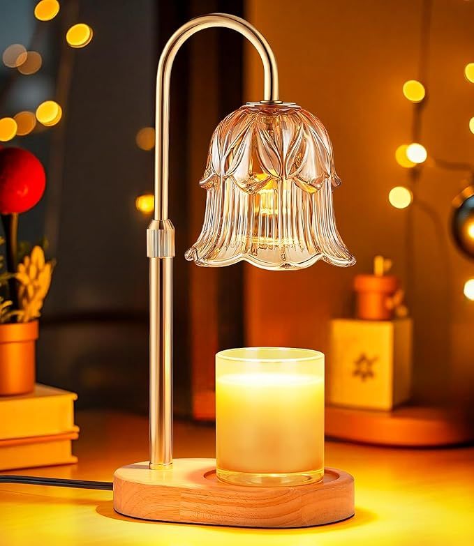 Candle Warmer Lamp Adjustable Timer - Electric Flower Glass Candles Warmers Adjustable Height Dimmable Vintage Base Modern Wax Candles Top Warmers for Small Jar Scented Wax Melts+