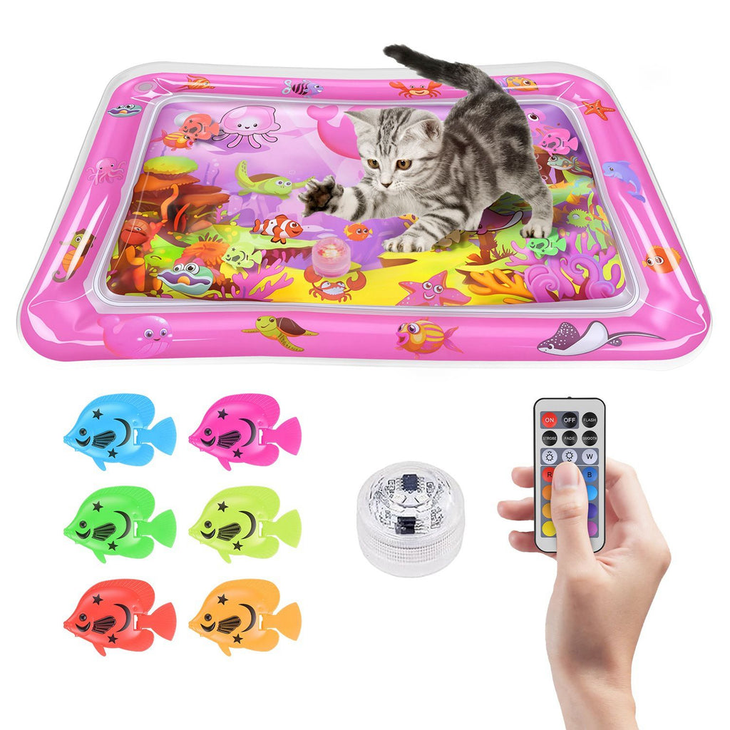 Cat Water Mat Interactive Sensory Play Mat with Floating Fish Toys LED Color Changing Light Thickened PVC for Indoor Cats Kittens Pet Enrichment