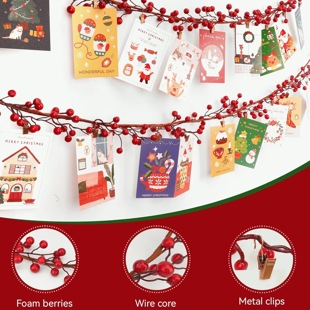 Christmas Decorations Indoor - 57'' Berry Garland Christmas Card Holder – Handmade Berry Garland with 20 Clips for Cards Photos - Holiday Card Display for Wall Mantel Doorway Home Décor