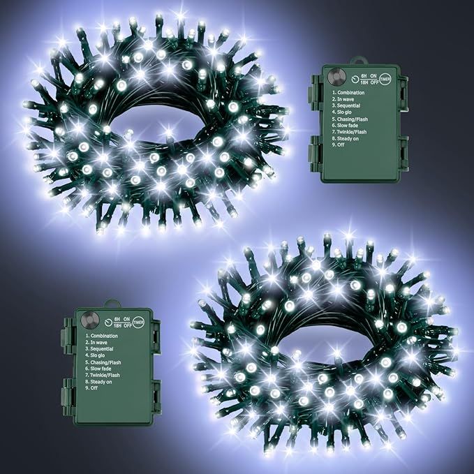 Christmas Lights Outdoor Battery Operated String Lights Total 100LED 33Ft with Timer 8 Modes 16.4Ft*2 Waterproof Outdoor Indoor for Christmas Decor, Cold White, 2-Pack
