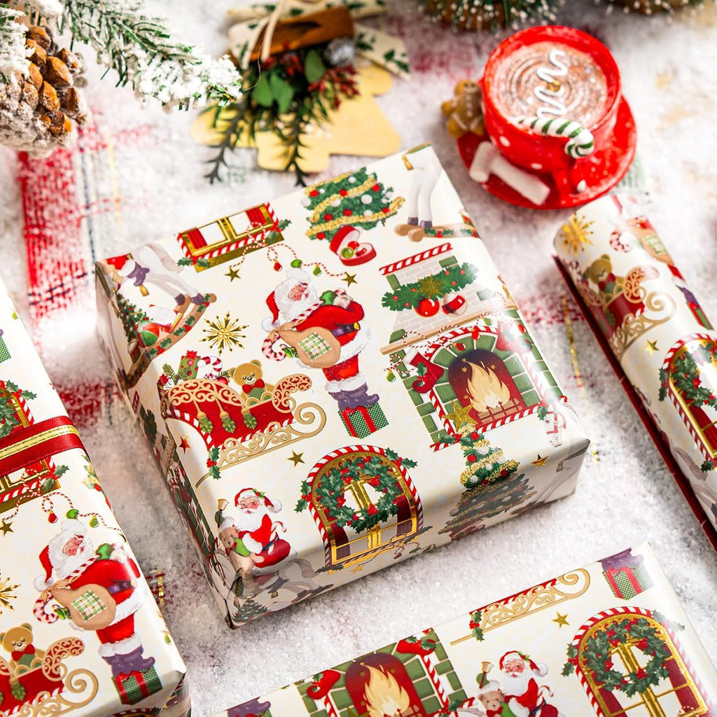 Christmas Reversible Wrapping Paper Roll - Vintage Santa Claus Rides Horse, Fireplace & Red Letters Design for Christmas, New Year Celebration - Mini Roll - 17 Inch x 33 Feet
