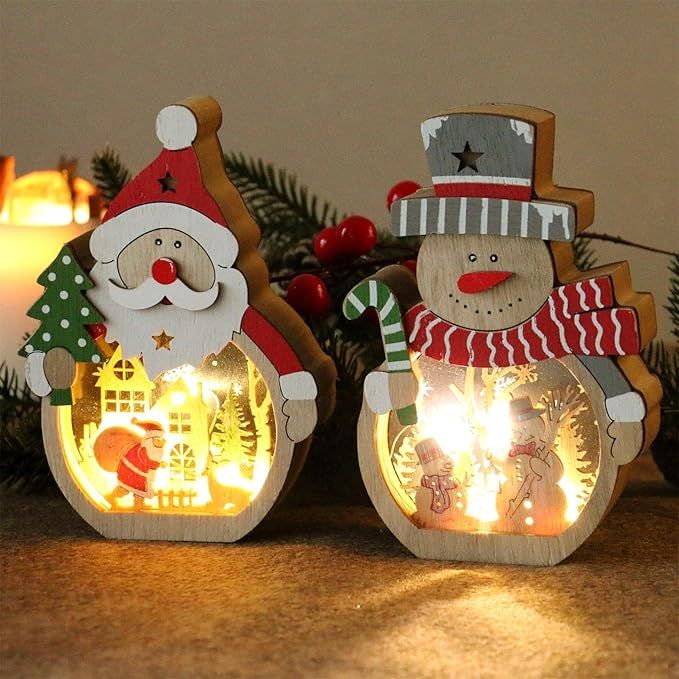 Christmas Snowman Santa Claus Decorations Indoor for Home Decor, 2 Pack Lighted Wooden Snowman Santa Claus with Lights Christmas Figurines Ornament, Light Up Home Christmas Decorations