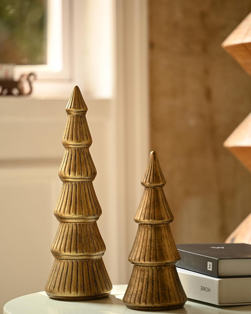 Christmas Tree Figurine Gold Wooden, Tree Figurines Decorative for Tabletop, Small Glittered Golden Xmas Trees Figurines for Christmas Mantle Indoor Decor