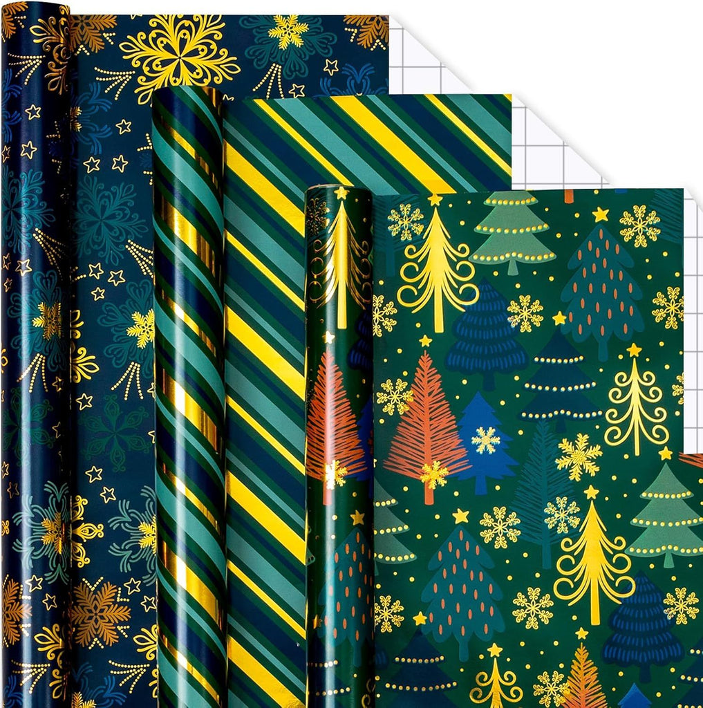 Christmas Wrapping Paper - 17 In x 120 In Per Roll - Vintage Navy Snowflake, Emeraled Green Chritmas Tree & Gold Stripe Design Holiday Gift Wrap w/Metallic Foil Shine for Festive Celebration