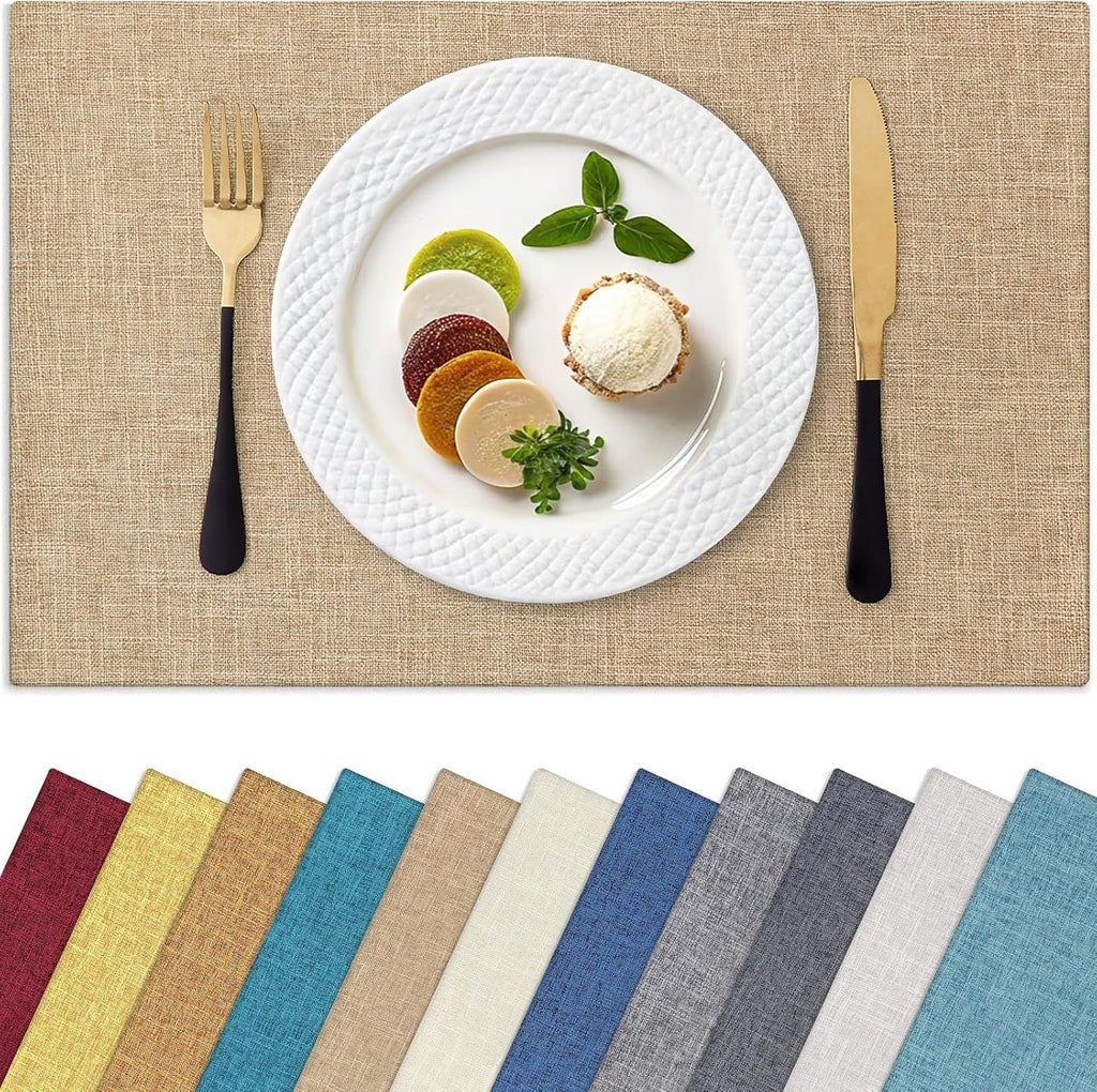 Cloths Placemats for Dining Table Set of 6, Heat Resistant Washable Cotton Linen Blend Table Mats, Easy to Clean Place Mats for Indoor Outdoor Party Kitchen Decoration, 13" x 19", Flaxen