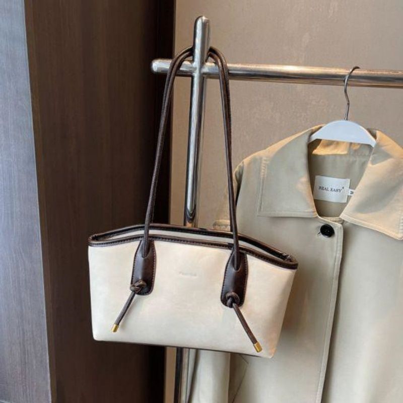 Color Block Drawstring Baguette Tote Bag, Minimalist Soft Commuter Shoulder & Underarm Bag