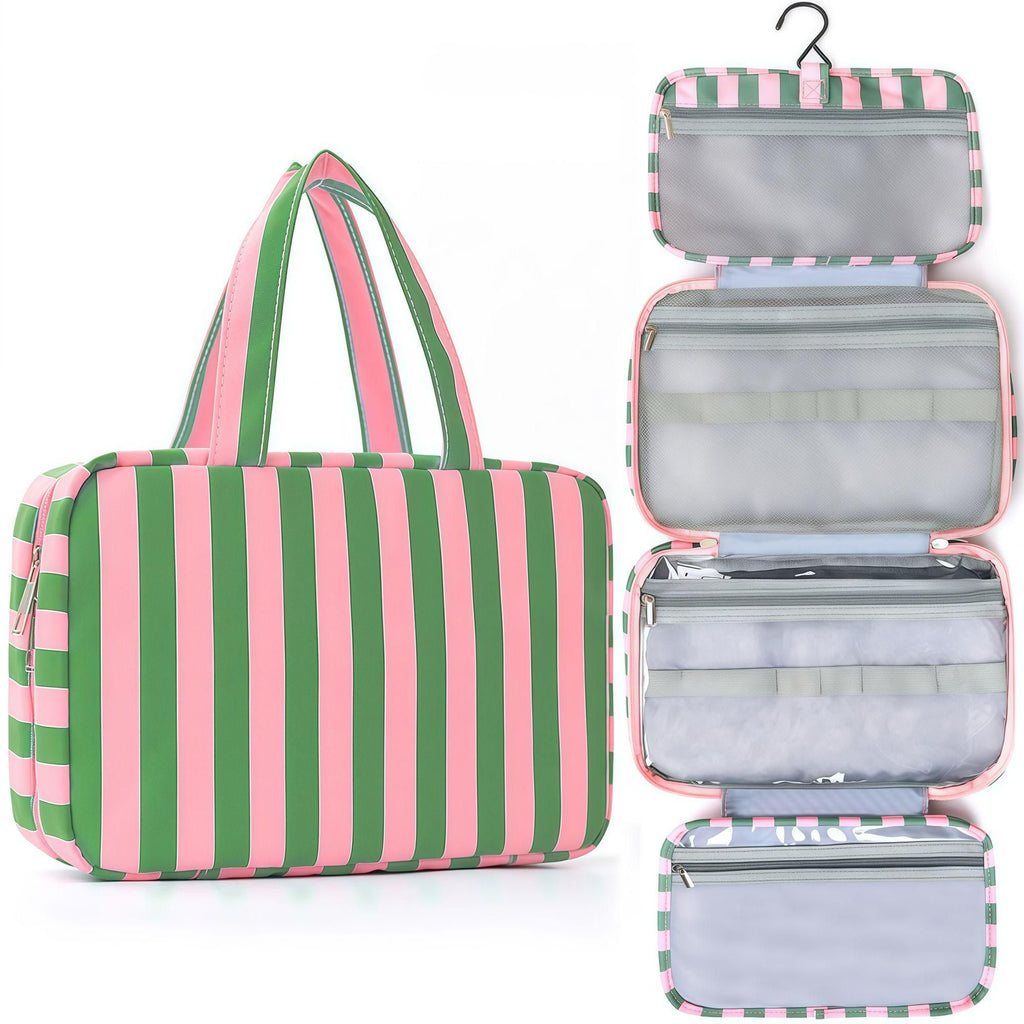 Color Block Striped Foldable Wash Organizer Bag, Hanging Multi-compartment Toiletry Bag, Portable Travel Makeup Storage Bag