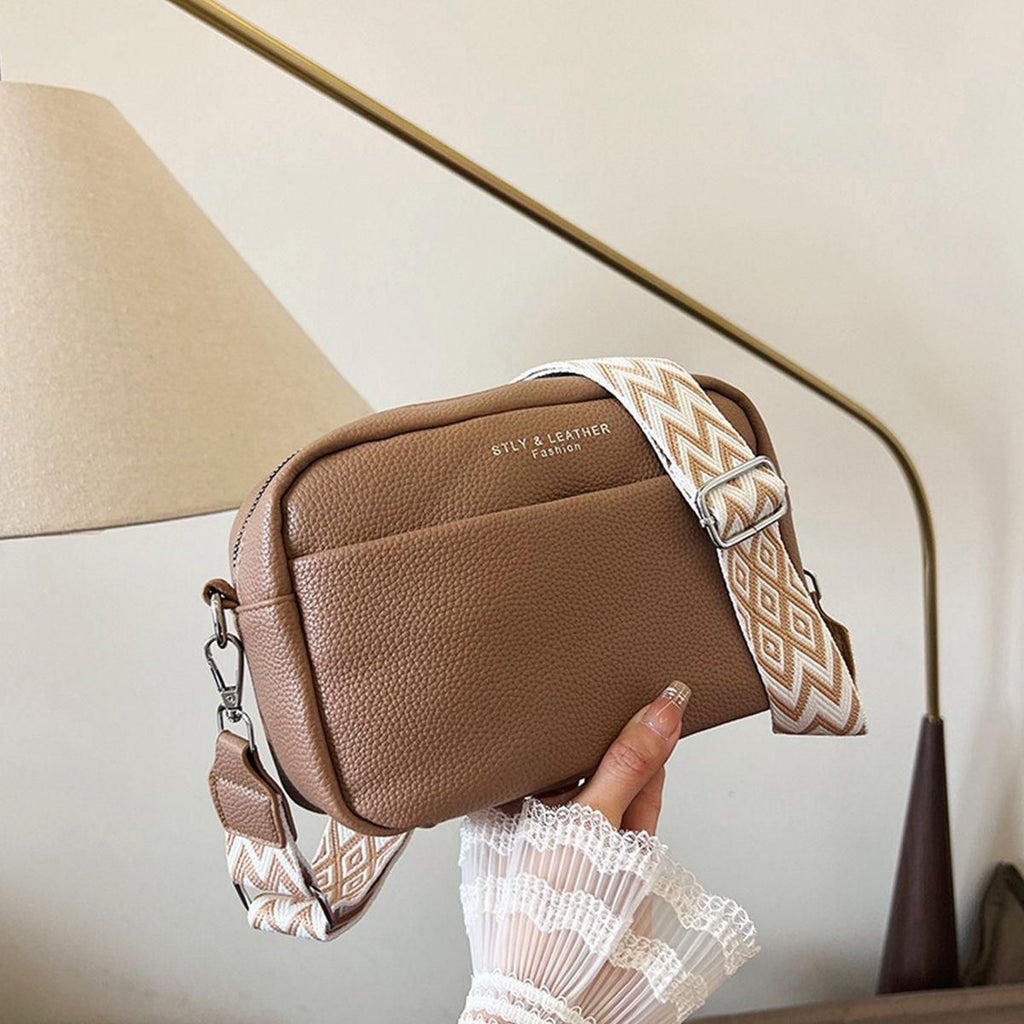 Color-Contrast Crossbody Mini Square Bag with Wide Webbing Strap, Minimalist Lychee-Grain Leather Camera Bag, Versatile Casual Single-Shoulder Mini Purse