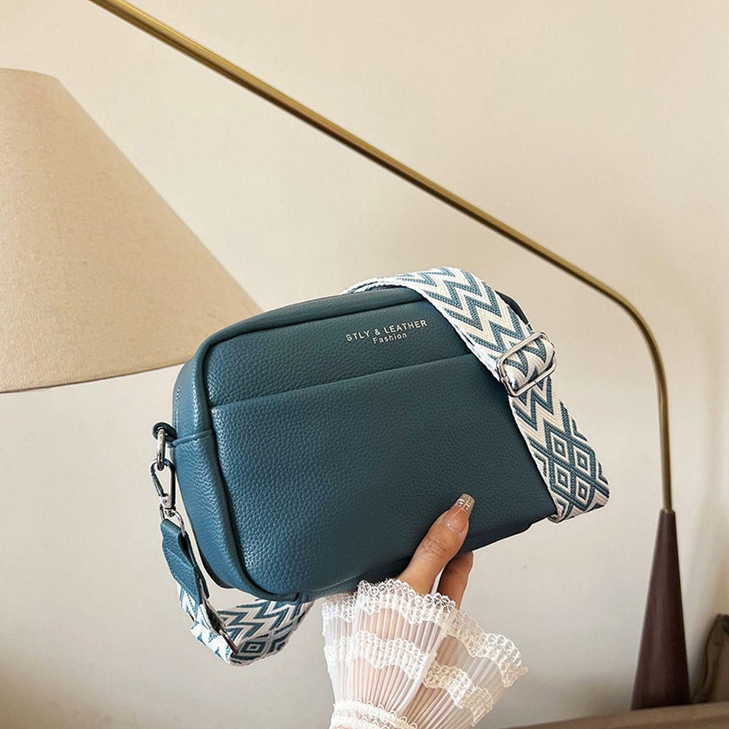 Color-Contrast Crossbody Mini Square Bag with Wide Webbing Strap, Minimalist Lychee-Grain Leather Camera Bag, Versatile Casual Single-Shoulder Mini Purse