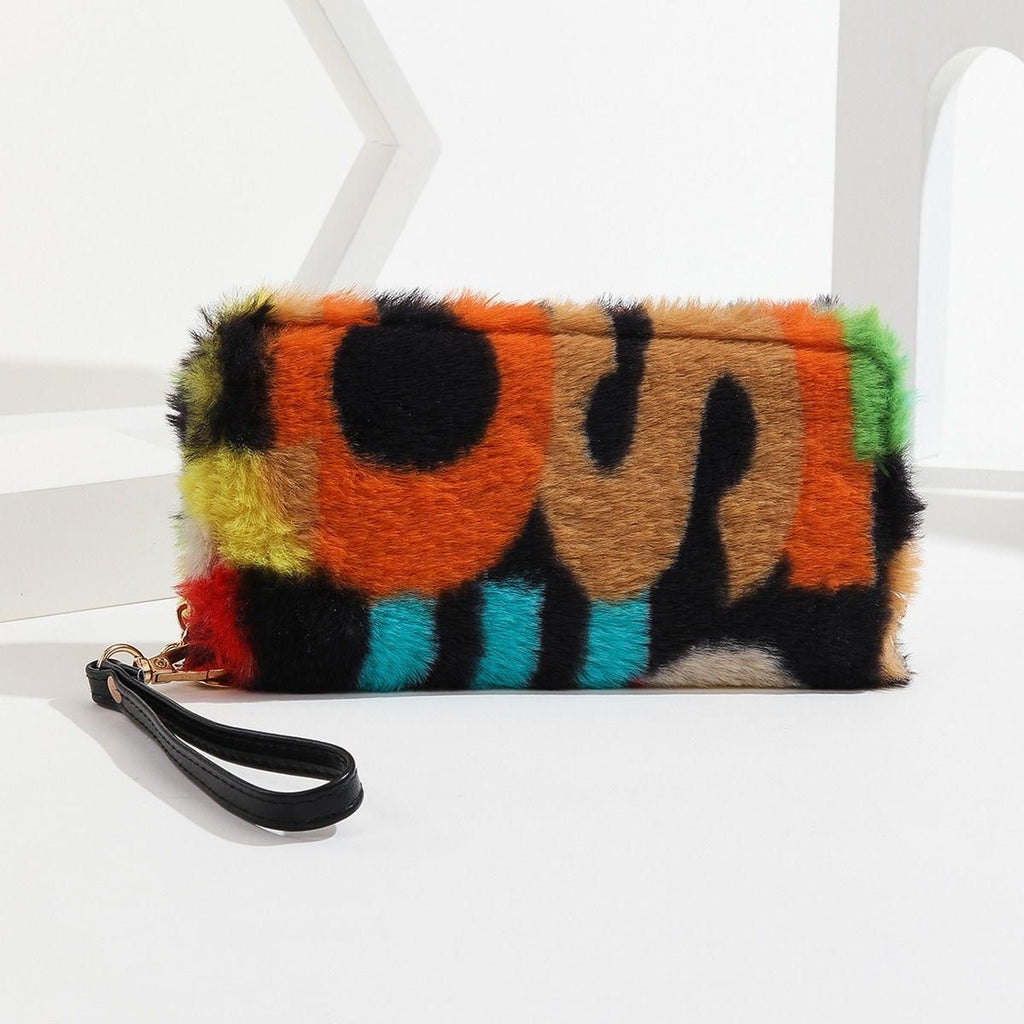 Colorful gradient leopard print plush handbag, detachable wristband, girlish portable storage wallet