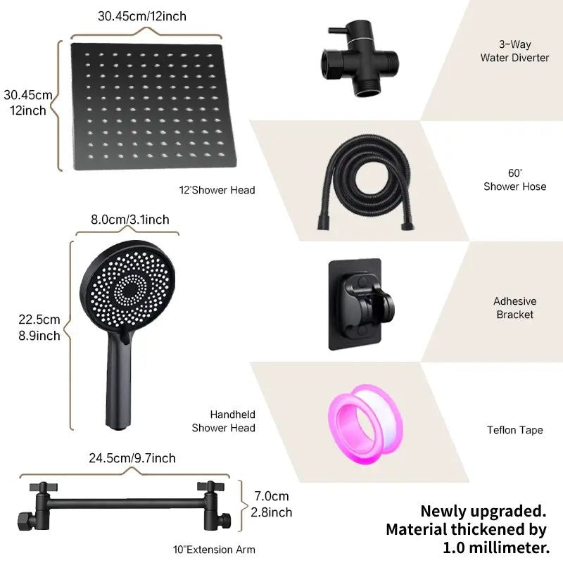 Commercial-Grade Shower Set - 12-inch Square Head with Water-Saving Technology & Handheld Option