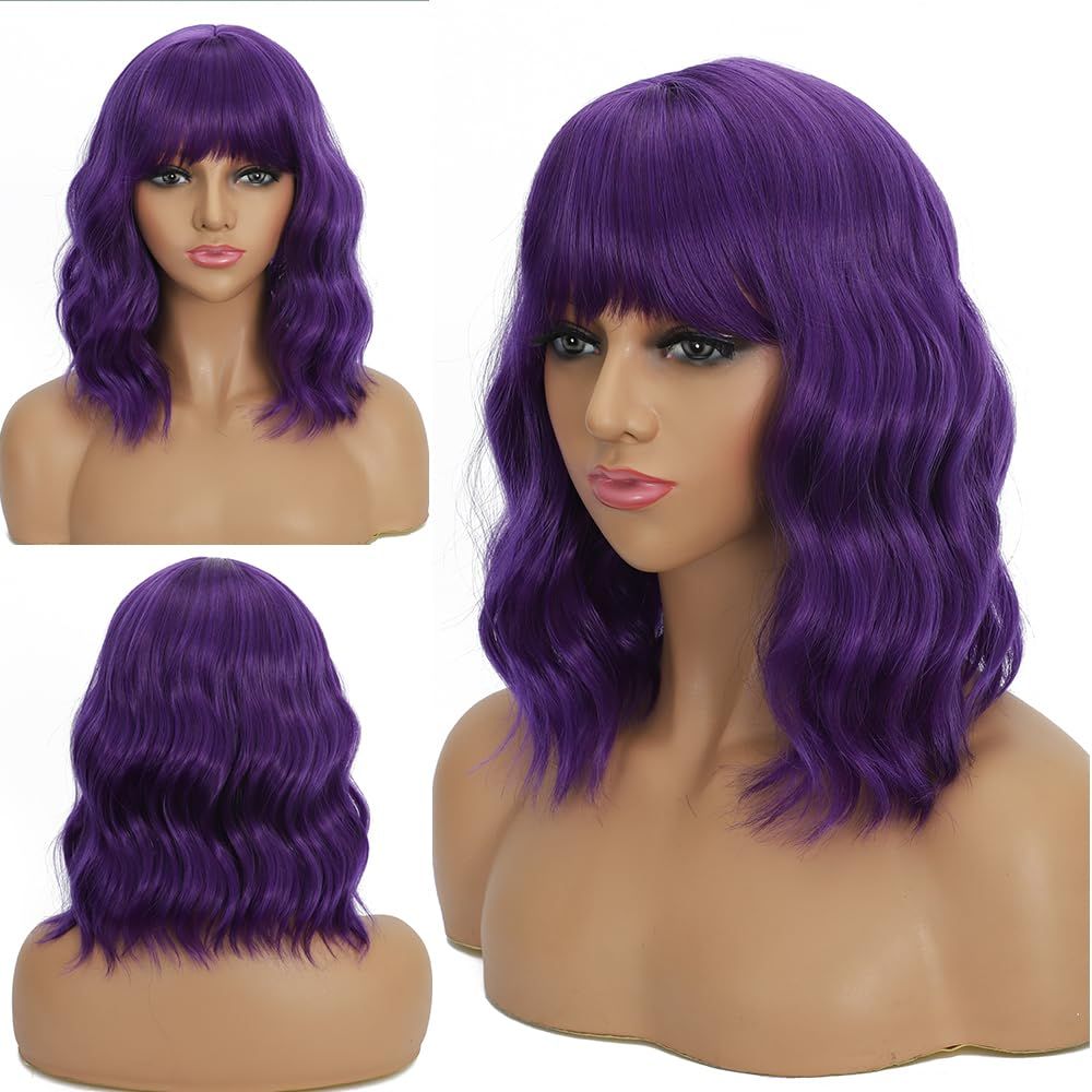 Dark Purple Wigs with Bangs for Women 14 Inch Short Wavy Bob Wigs Synthetic Bob Wig Curly Wig Heat Resistant Colorful Wavy Wig Cosplay Wigs For Daily Party Halloween