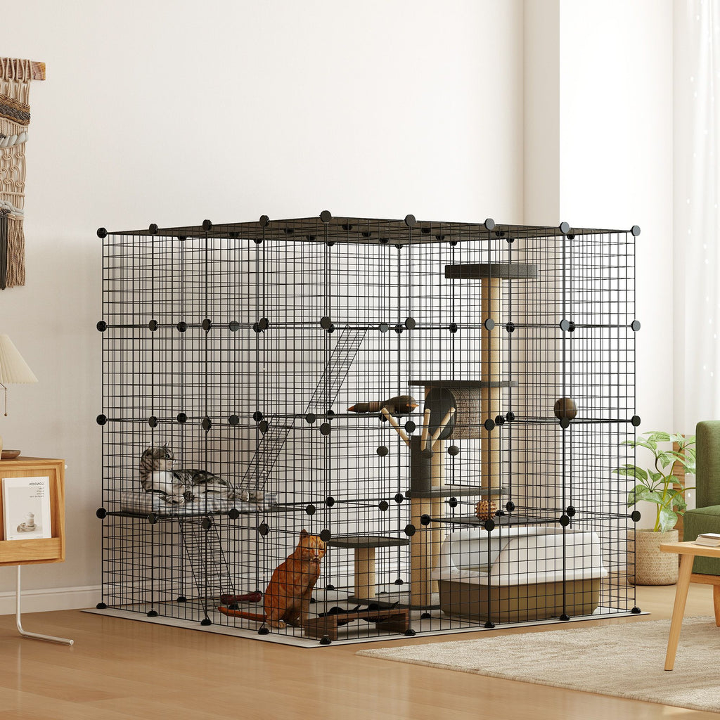Detachable Metal Cat Cage with Platforms, Ramps, Accessories, for 1-3 Cats, 55", Black