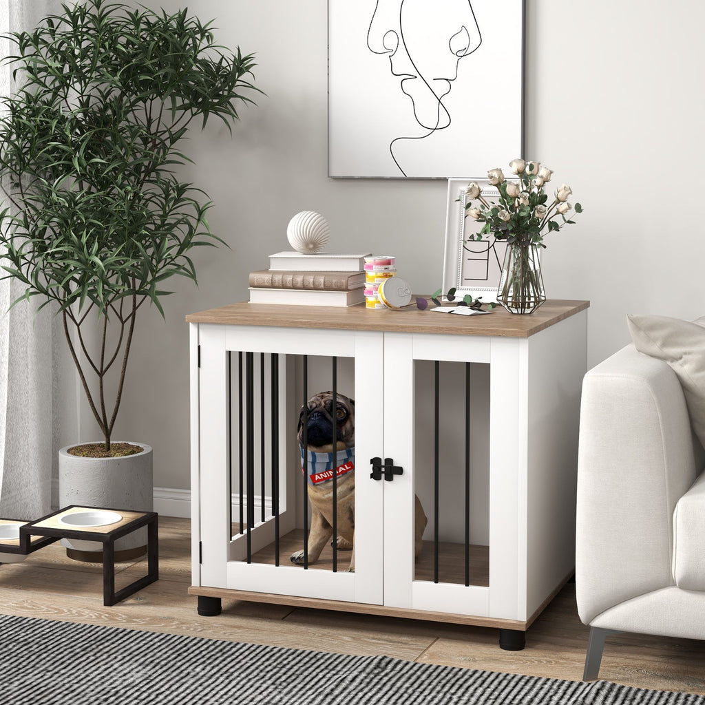 Dog Kennel Furniture Side End Table Indoor with Lockable Door, for Small and Medium Dogs, Walnut Brown