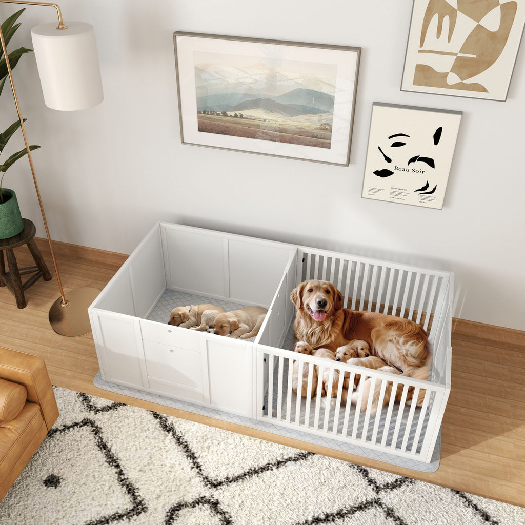 Dog Whelping Box w/ Waterproof Pee Pad & Adjustable Door for Small, Medium & Large Breed Dogs, 65" x 31.5"
