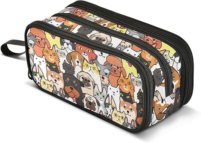Dogs Cats Colorful Pencil Case Box Boys Girls Large Pencil Pouch with Zipper Compartments Big Capacity Stationery Pen Bag Organizer for Kids Teens Adults School