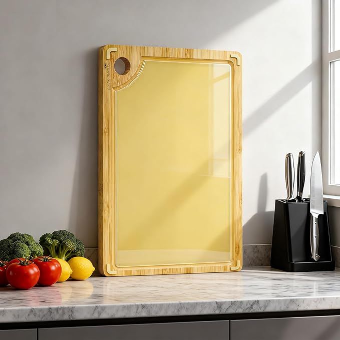 Double Sided Glass and Bamboo Cutting Board,Wood Cutting Board for Kitchen with Juice Grooves & Built-in Handles,Food Grade Material, for Chopping Vegetables/Meat/Fruit Dishwasher Safe(15"L x 10"W)