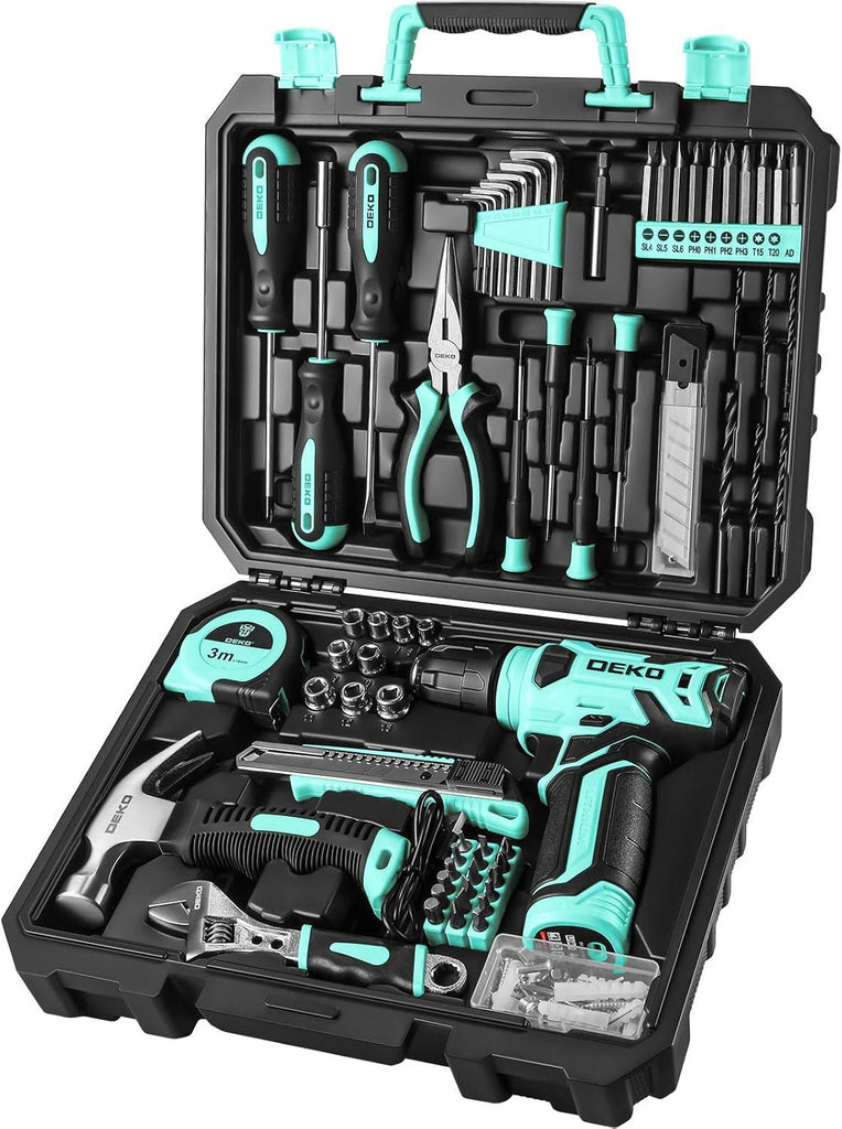 Drill Set: Tool Set with 8V Cordless Drill, Home Tool Kit with Drill, Hand Tool Kits for Women 126 Piece, Turquoise