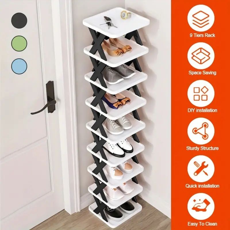 Entrance high and narrow shoe rack, 9-layer shoe rack can put 9 pairs of shoes, space-saving vertical shoe rack, plastic stackable shoe rack, suitable for wardrobe, corridor, bathroom, dormitory, Chri