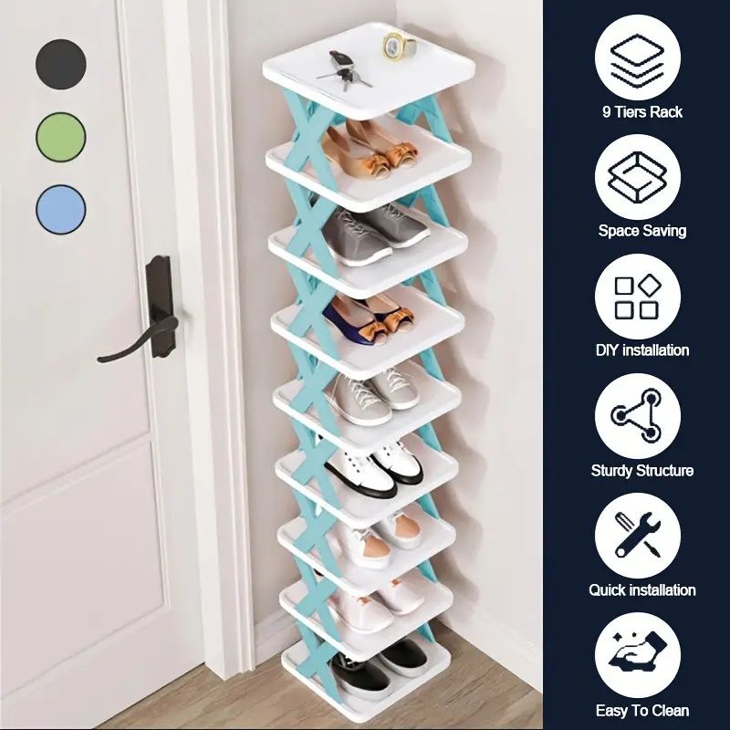 Entrance high and narrow shoe rack, 9-layer shoe rack can put 9 pairs of shoes, space-saving vertical shoe rack, plastic stackable shoe rack, suitable for wardrobe, corridor, bathroom, dormitory