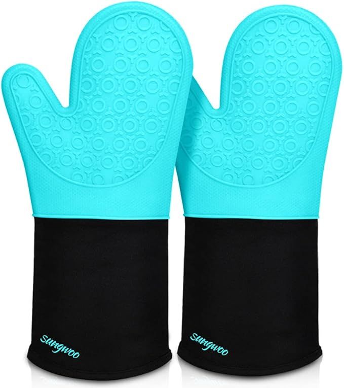 Extra Long Silicone Oven Mitts, Heat Resistant Oven Gloves with Quilted Liner Non-Slip Textured Grip Perfect for BBQ, Baking, Cooking and Grilling - 1 Pair 14.6 Inch Black
