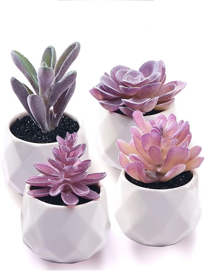 Fake Succulent Plant Set - Artificial Desk Plants for Women Desk - Realistic Faux Succulents in Ceramic Pots Purple Decor for Bedroom Bathroom Office Shelf 4 Pack